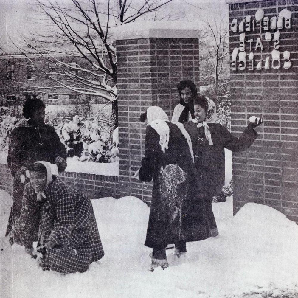 Bluefield State students having a snowball fight.